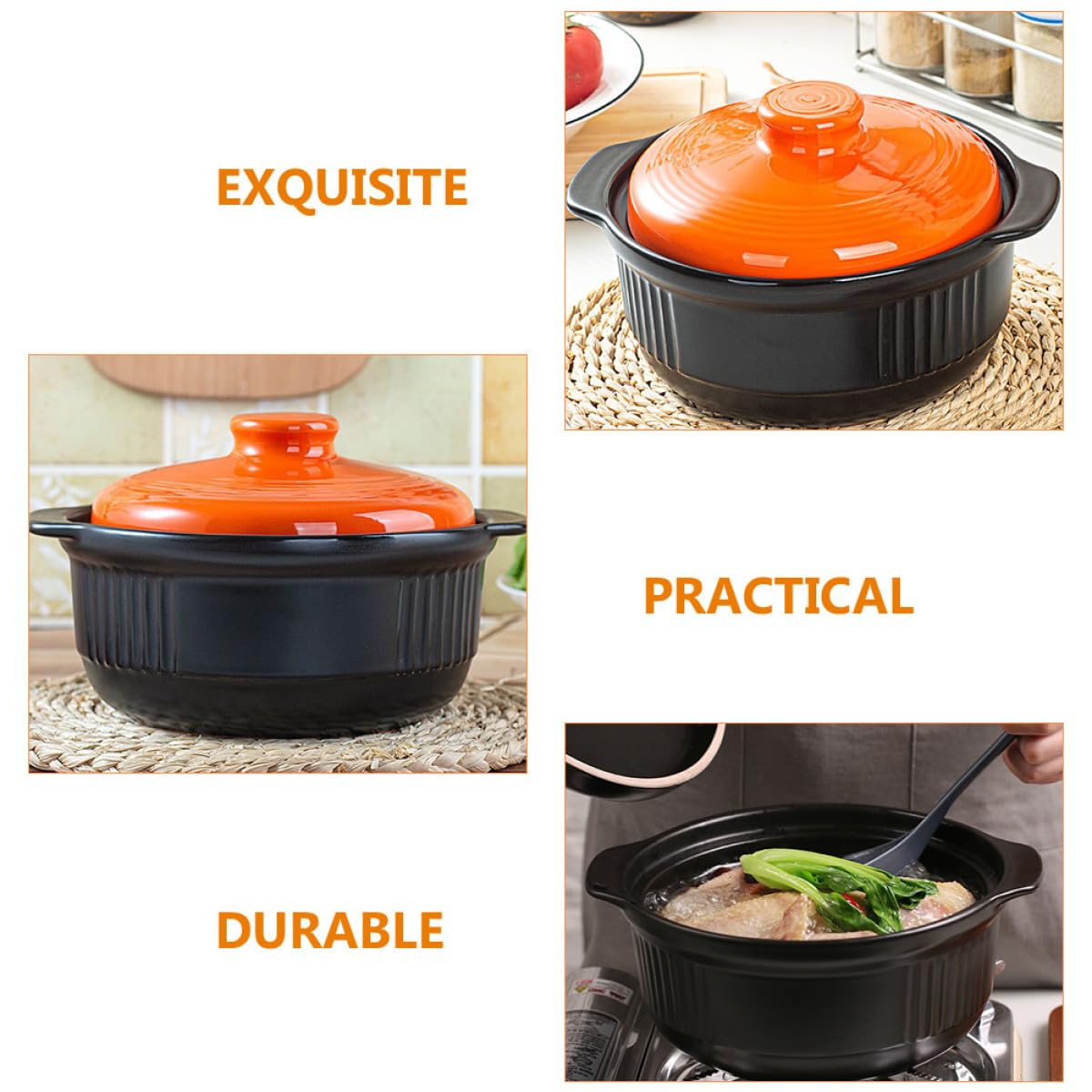 Keramiktopf 2355ml Orange, Hitzebeständiger Auflauf | Keramik, ein Stück Geformt, Dampfventildeckel, Wärmeleitung, für Bibimbap und Nudeln