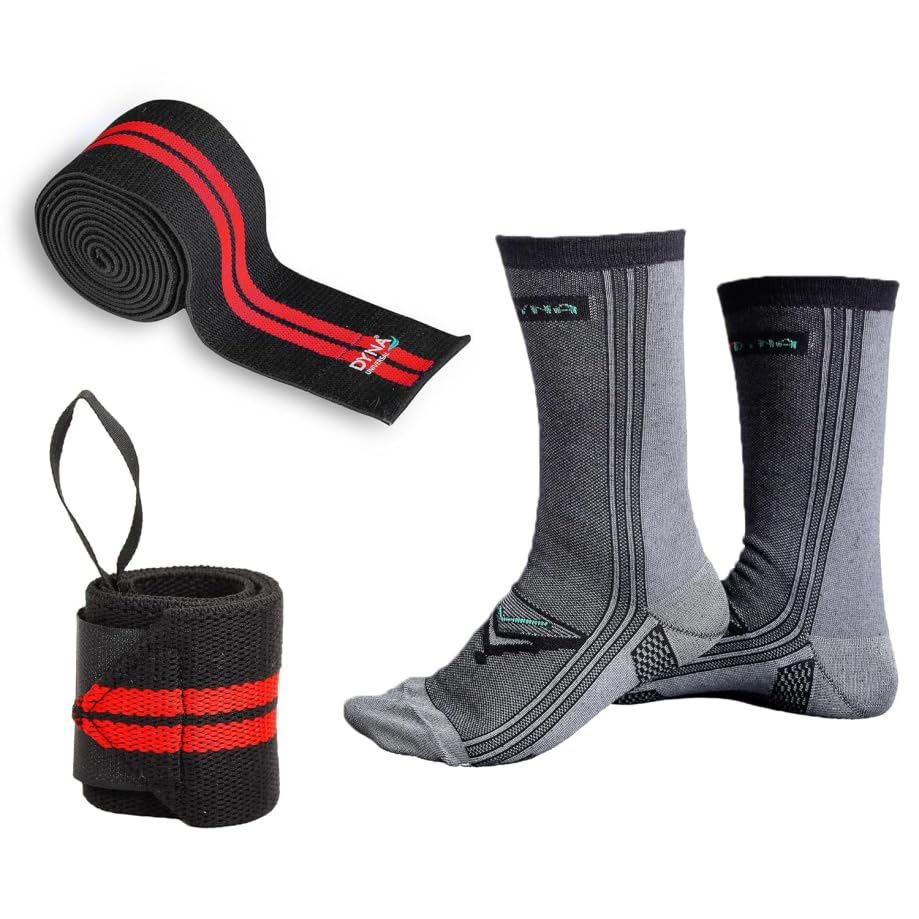 Dyna Gym Combo Set | RED | 2 Knee Wraps, 2 Wrist Straps, 1 Pair Gym Silver Socks | For Gym Workout, Fitness Weight Lifting, Cross fit, Squat | Gym Accessories for Men & Women-image-2