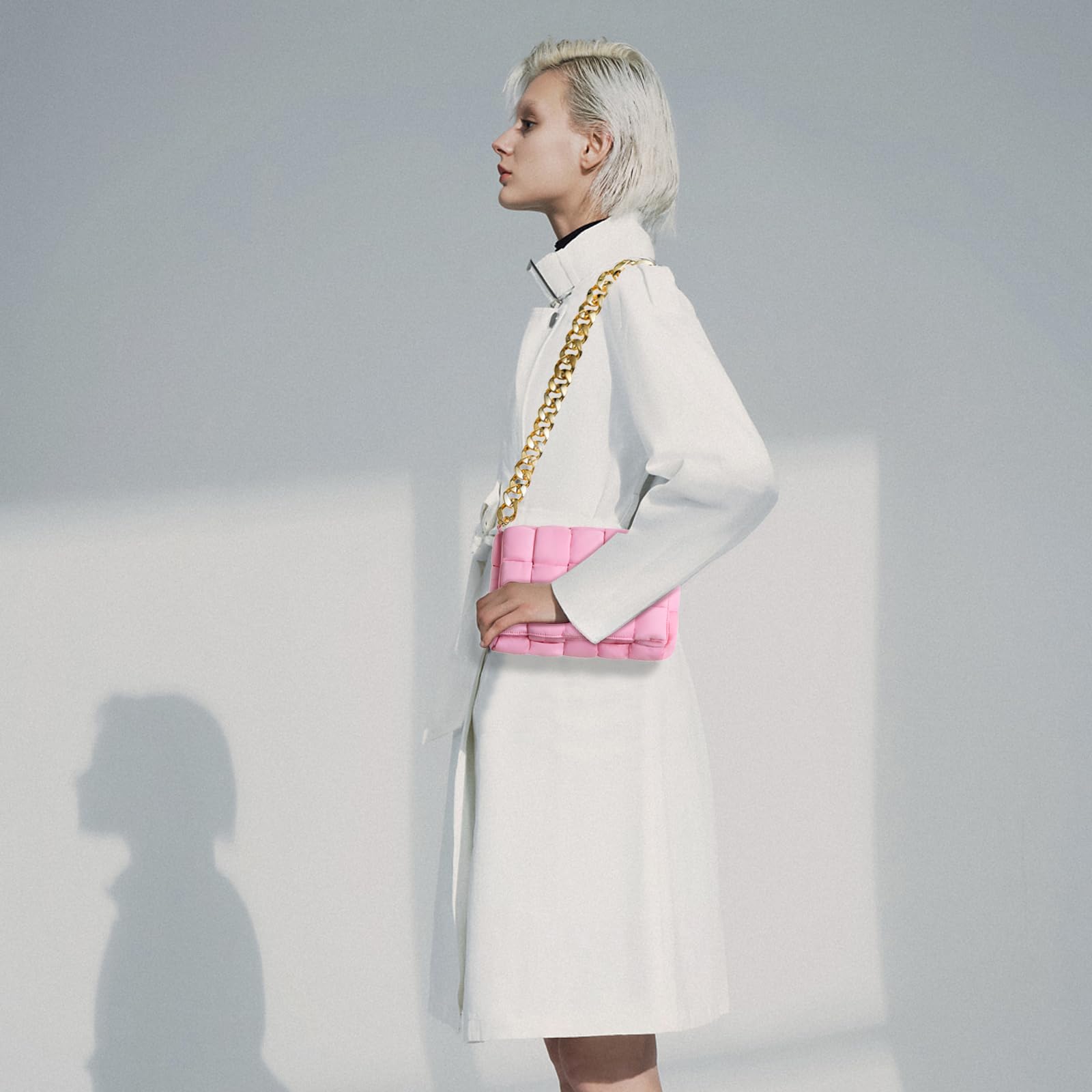 NAARIIAN Puffer Woven Bag Chunk Chain Crossbody Purse Padded Cassette Shoulder Handbags Messenger(Pink)