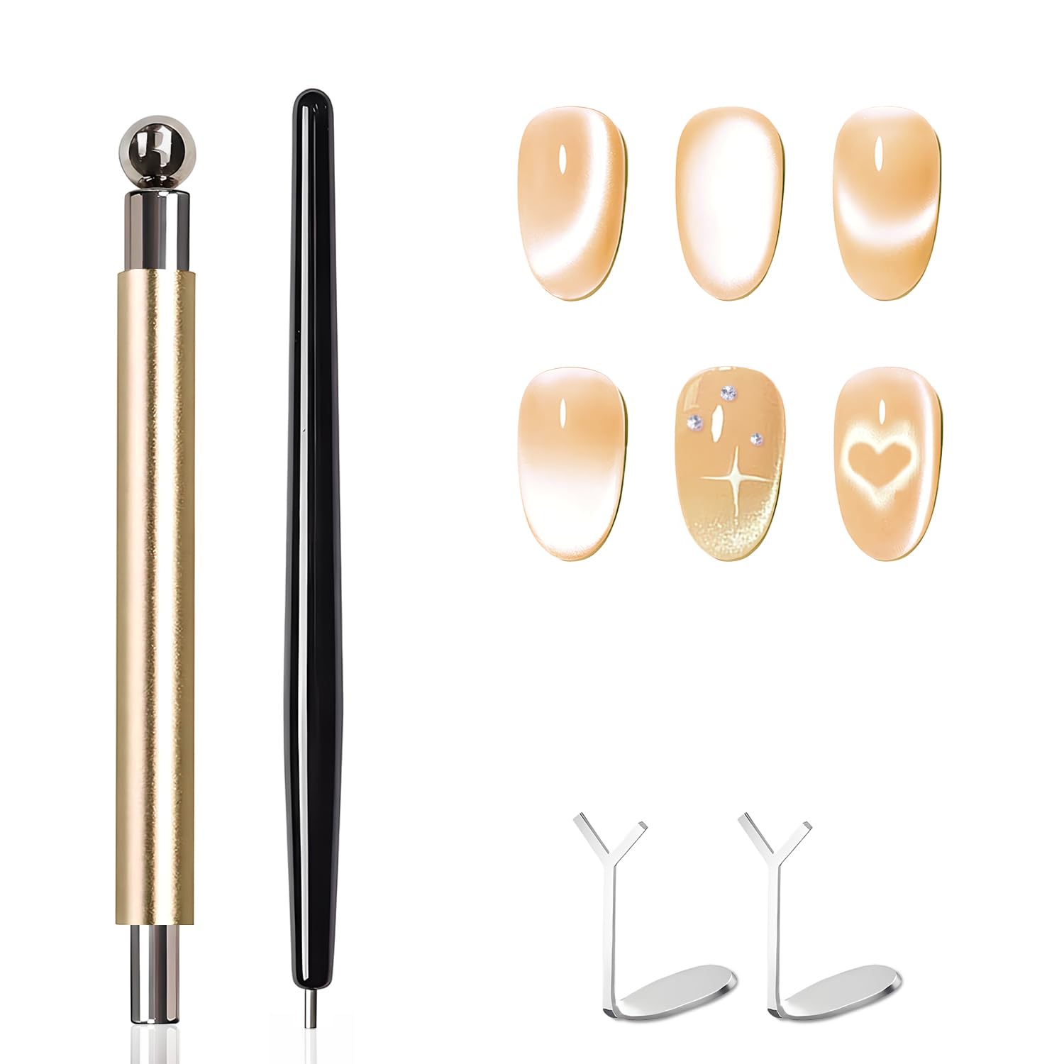 4-Piece Cat Eye Magnet Set Gold Nail Magnet Heart-Shaped Nail Art Magnet Black Bead-Attracting Cat Eye Magnet for