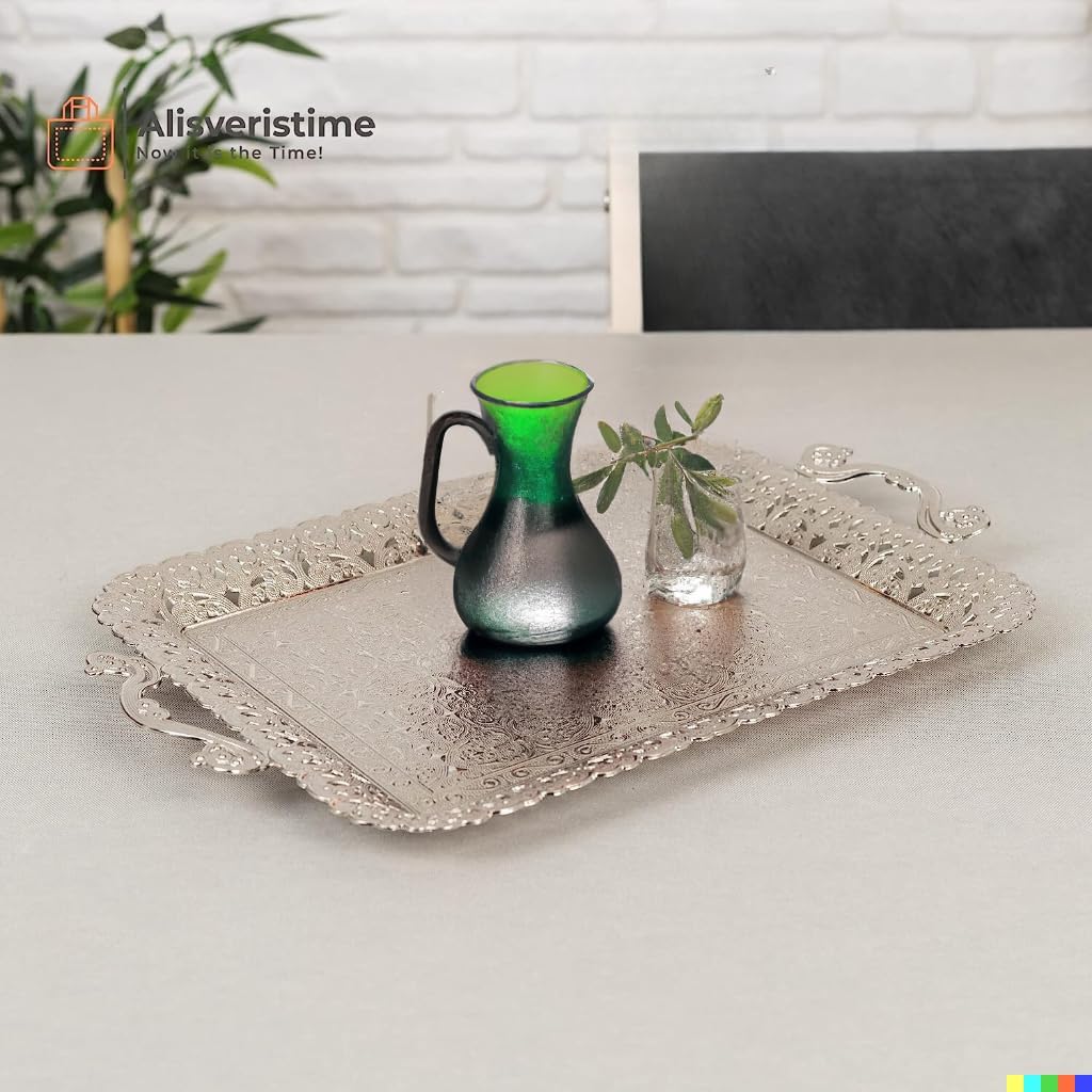 Alisveristime Turkish Ottoman Authentic Floral Design Zamak Serving Tray for Coffee & Tea (16.50 in x 11 in) (Silver)