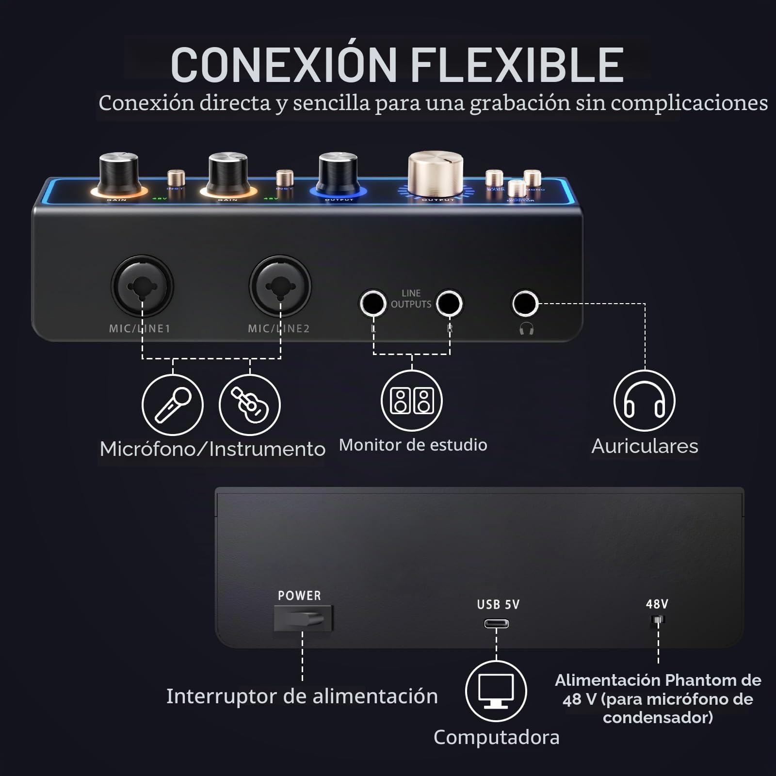 Interfaz de Audio TONOR, Mezclador de Audio de 2 Canales XLR con RGB para Creadores, Botón de Retorno, Grabación de Estudio, Pre-amplificador Profesional para streaming, Podcasting, TX510 Negro