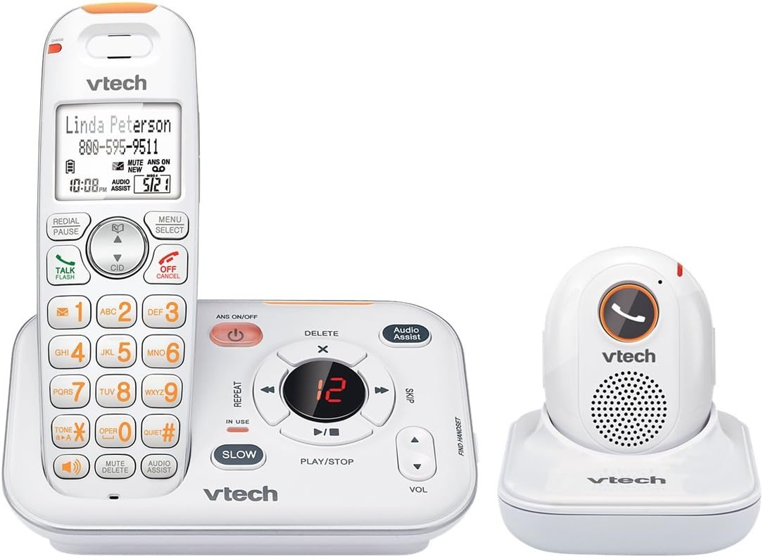 VTech SN6187 CareLine Expandable Cordless Phone with Answering System and Accessory Portable Pendant, White