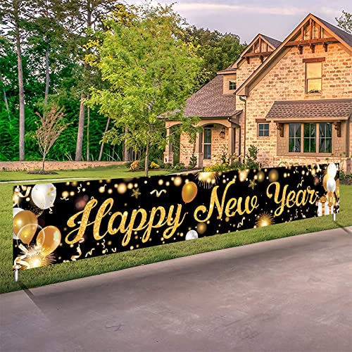 AOLOA Neujahr Party Dekorationen, Silvester Deko 2023 Schwarz und Gold, Happy New Year Banner Outdoor, 2023 Banner für Neujahrsdeko, Silvesterpartydeko Garten Wand Cover