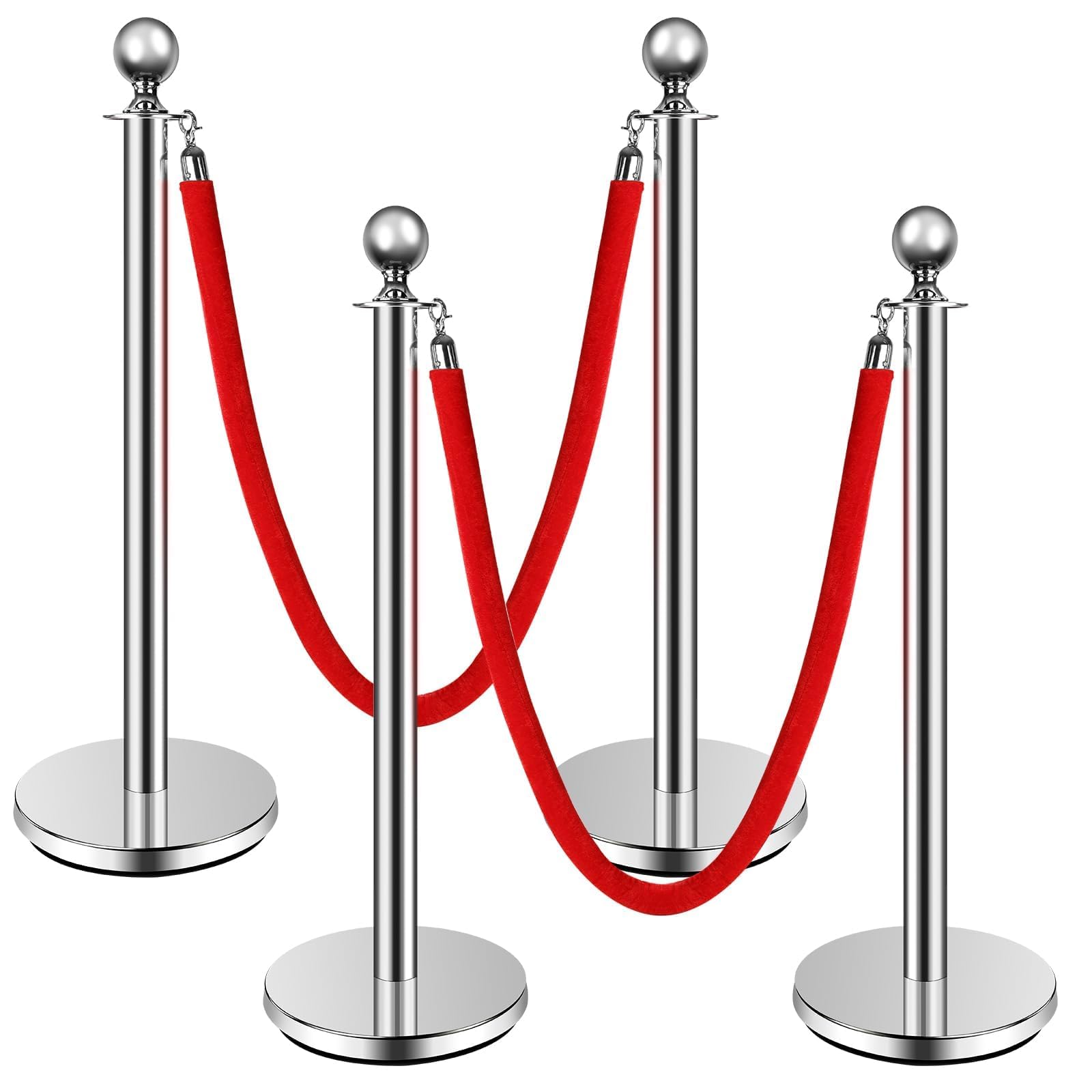 Stainless Steel Stanchion Post,Stanchions with Red Rope,Hollow Base and Velvet Ropes Safety Barriers Set,Carpet Runner for Party (4pack-Silver)