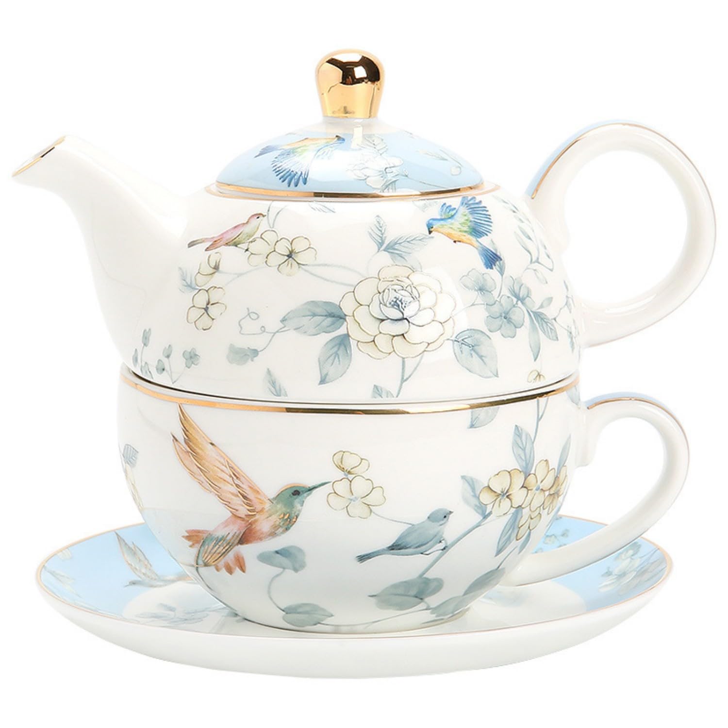 Service à thé pour une personne avec théière et tasse en porcelaine, 450 ml de théière et 300 ml de tasse à thé, cadeaux pour femmes, service à thé de l'après-midi, céramique, lavable au