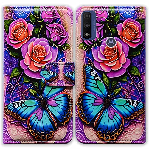Bcov Moto G Pure Case,Moto G Power 2022 Case,Moto G Play 2023 Case,Blue Butterfly Flowers Rose Leather Flip Phone Case Wallet Cover with Card Slot Holder Kickstand for Motorola Moto G Pure