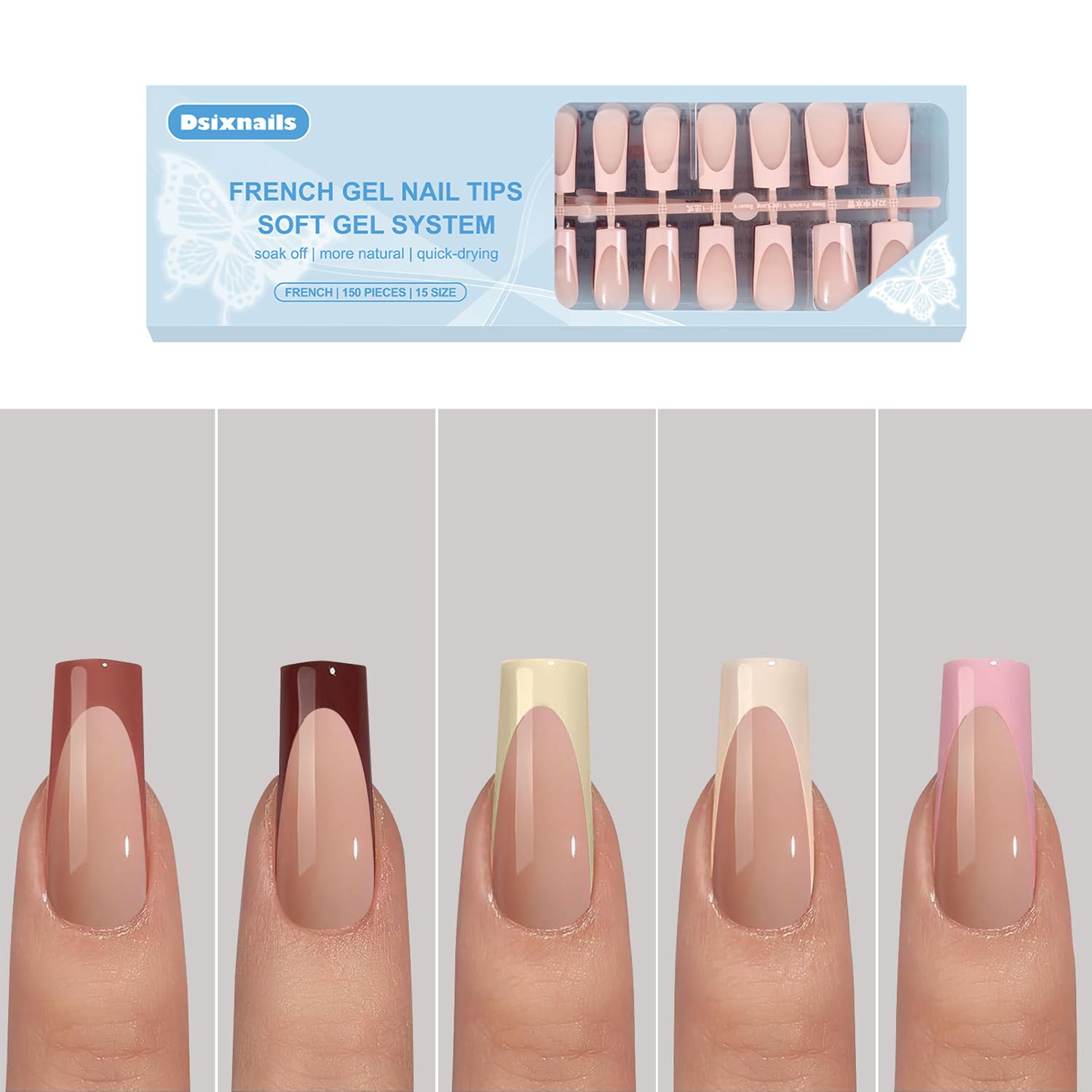 150pcs Long Skin Tones French Tip Press on Nails, 3 in 1 Square Press on Nails in 15Sizes, Pre-lasting Soft Acrylic Gel Nail Tips, No Need to File Fake False Nail Tips Extension for Women Nails