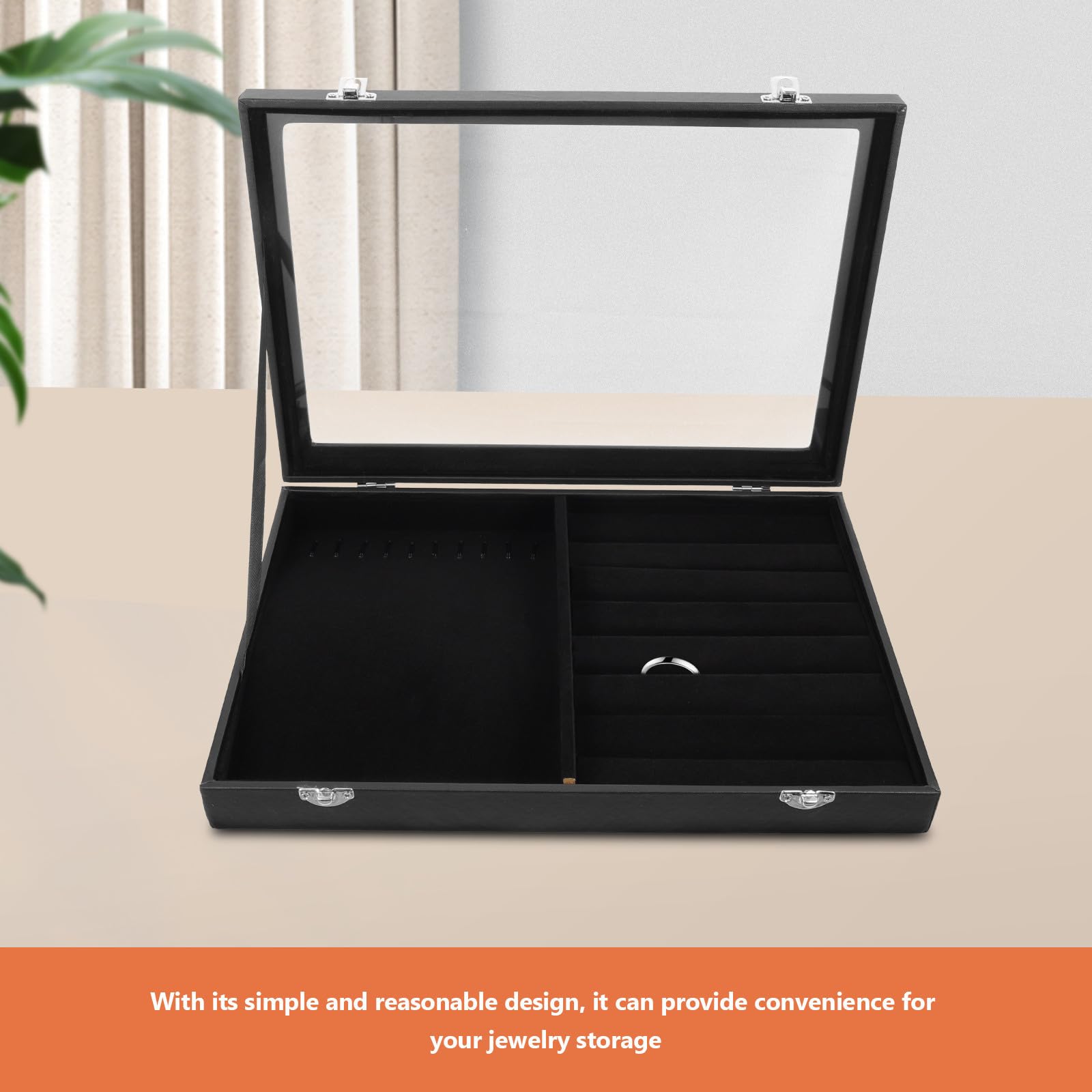 ibasenice Caja de Almacenamiento de Joyas Caja de Almacenamiento de Joyas para Anillos y Pendientes con Tapa Flannelette y Vidrio Negra para Boda y Cumpleaños