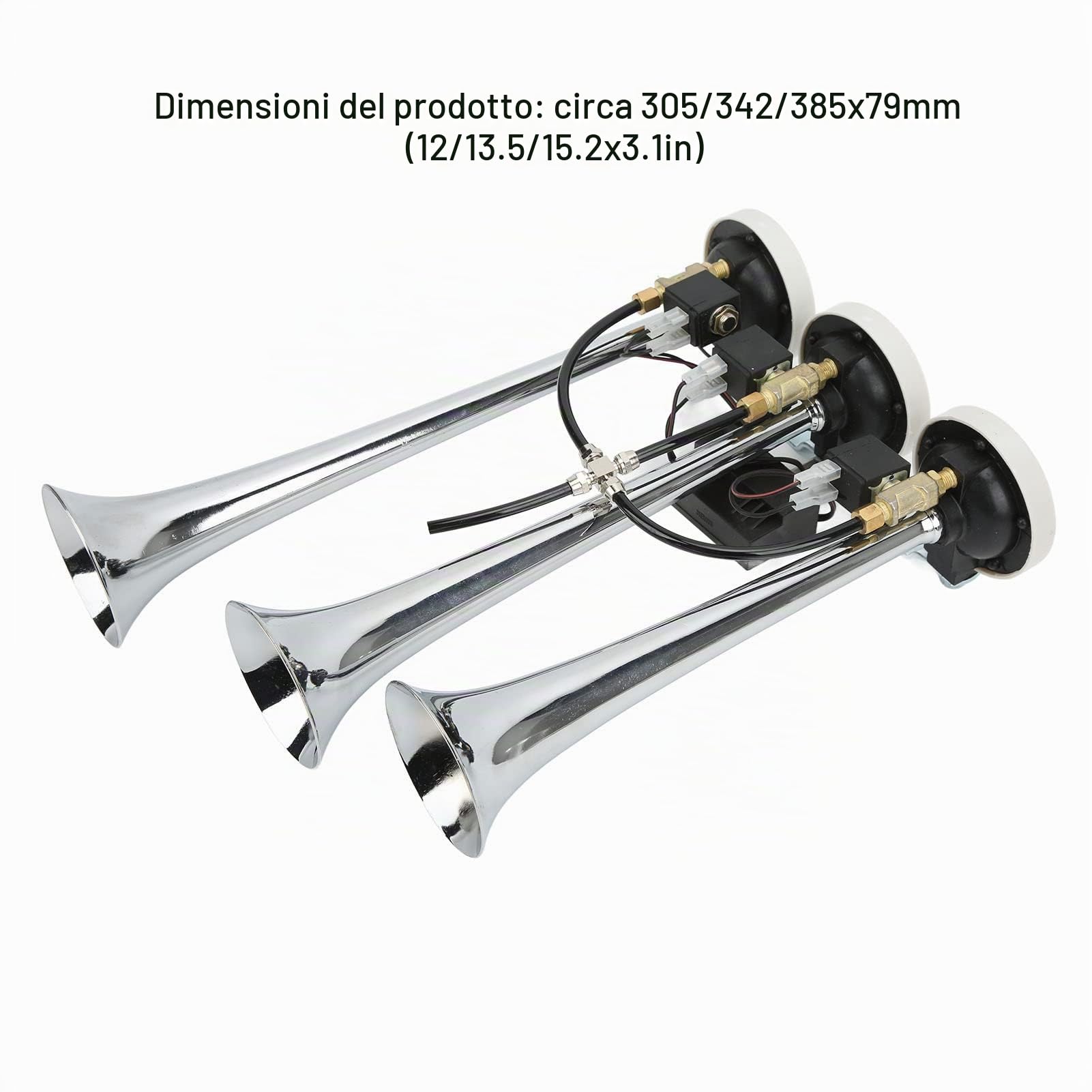 Tromba aria 3 corni cromata 6 melodie 305/342/385x79mm DC12V/24V per auto club, camion e yacht suono potente e design distintivo per veicoli e imbarcazioni