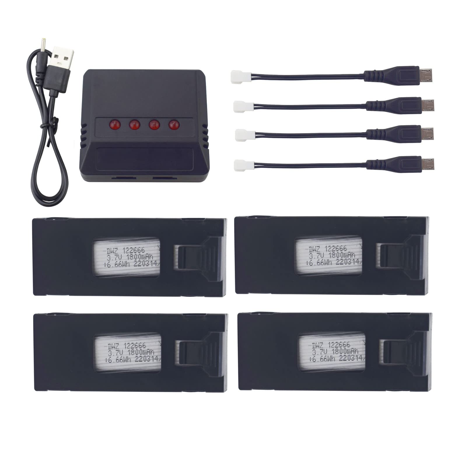batterie 4pcs 3.7v 1800mah per droni rc con caricatore