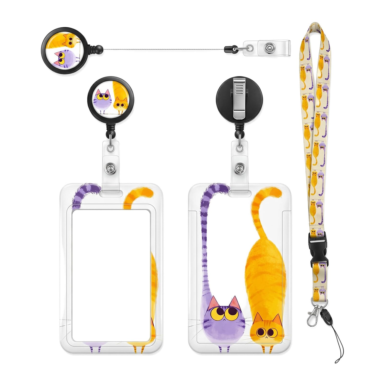 YiYFiT Sliding Badge Holder with Lanyard, Cute Cats ID Holder with Retractable Badge Reel Carabiner Clip, Detachable Lanyard Card Protector for Business, Office, Exhibition, School(Cats) — image 1