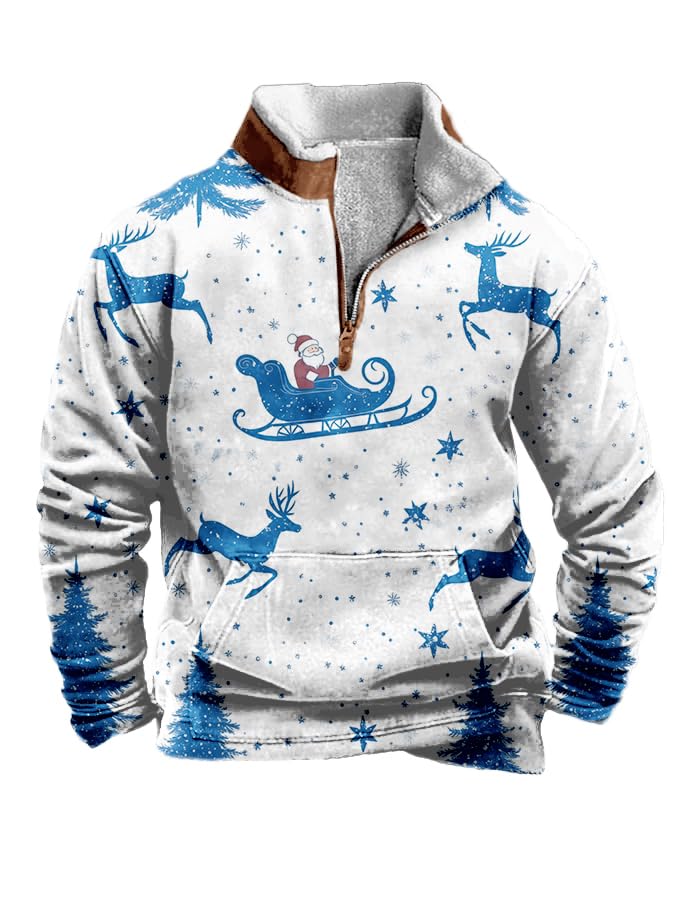 Men's Christmas Sweatshirts Funny Santa Print 1/4 Zip Up Thermal Sweatshirts Loose Stand Collar Winter Tops