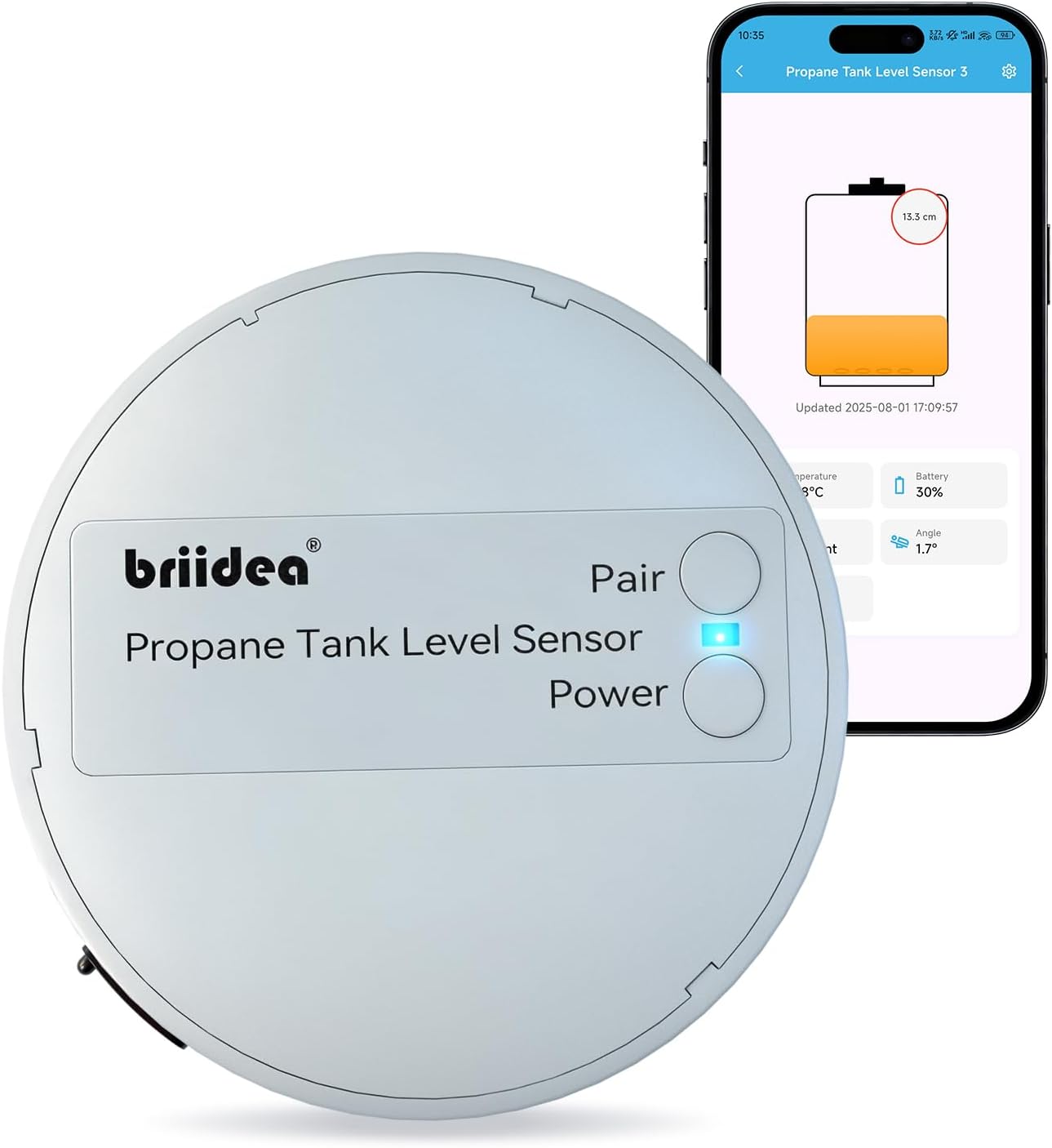 Briidea Bluetooth Propane Tank Gauge, Rechargeable Wireless Sensor with Nano Silicone Adhesive Pad (Patent Pending), APP Control, Real-Time Fuel Level Monitor for BBQ Grills, RVs & Restaurants