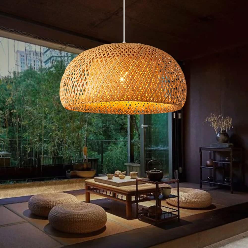 Lampadario a cesto di bambù a forma nido d'uccello Paralume Gabbia intrecciata in vimini Illuminazione a sospensione naturale Compatibile con la lampada da cucina in rattan,Lusso