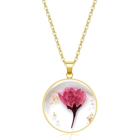 KBFORU Birth Flower Necklace - August Gladiolus Flower Necklaces Handmade Pressed Flower Necklace