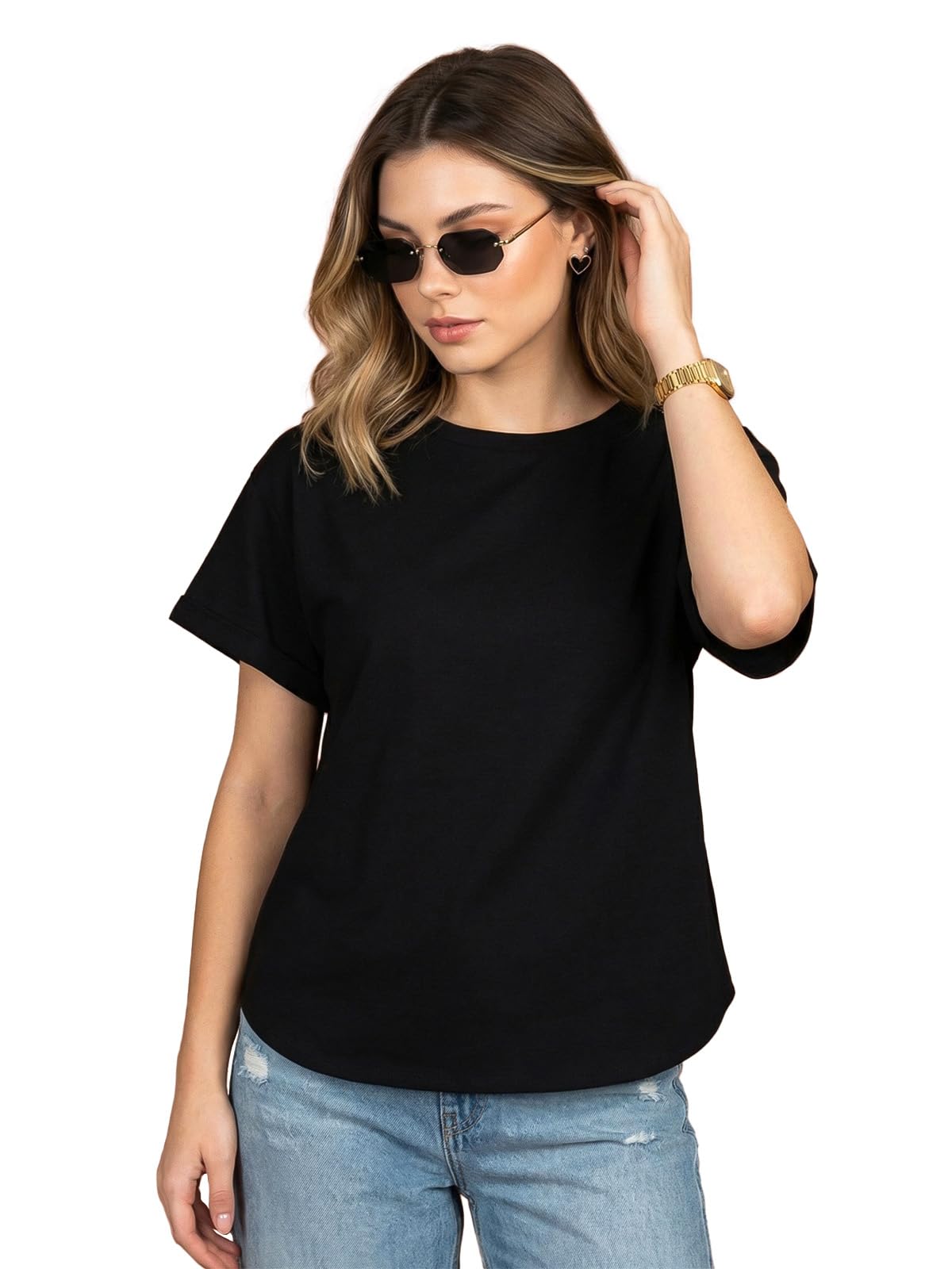 juneberry Pure 100% Cotton Oversized Loose Fit Drop Shoulder Round Neck Boyfriend Fit Solid Half Sleeves T-Shirt for Women & Girls (Sizes: S to 2XL)-picture-18