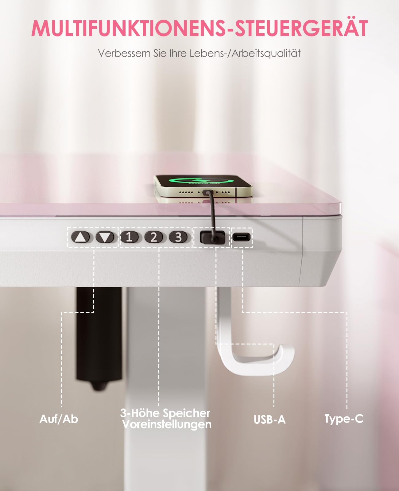 OffiGo Glas Höhenverstellbarer Schreibtisch, 140 x 60 cm Elektrischer Schreibtisch mit Schublade, Ganze Tischplatte mit USB und Type-C, Standing Desk, Steh-Sitz Glastisch für Home Office Büro, Rosa