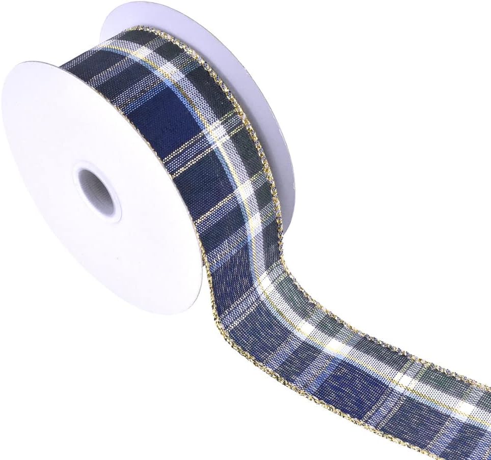 Homeford Gold Trim Plaid Wired Ribbon, 1-1/2-Inch, 10-Yard - Navy Blue/Moss