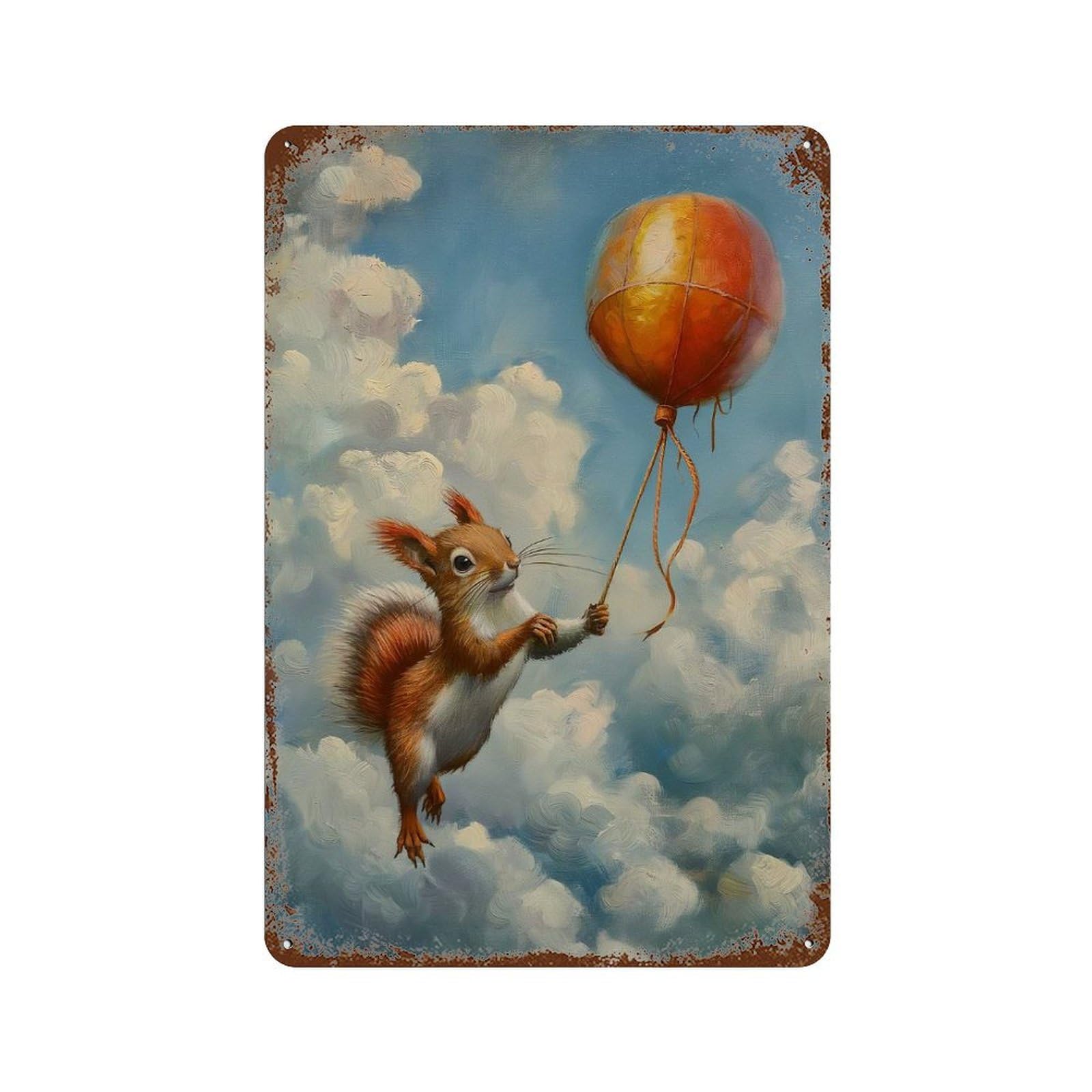 Garage Style Funny Squirrel Balloon Rust Effect Tin Sign 11.8"x7.9", Classic Wall Plaque for Bar And Workshop