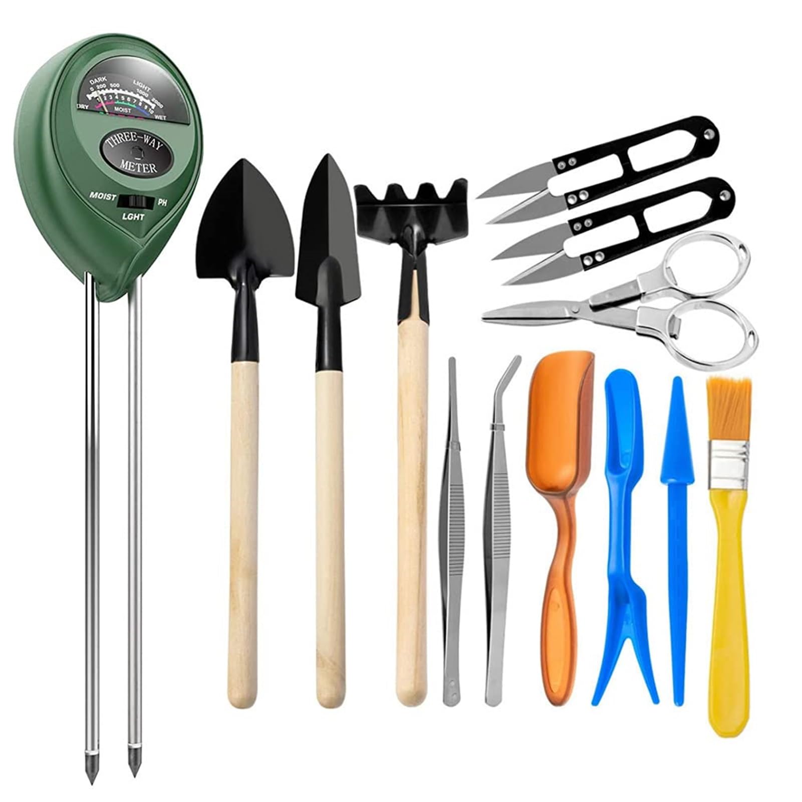 Aimisite Bonsai Tools Kit,Mini Gardening Tools 13Pcs Garden Transplanting Tools Soil Test Kit Succulent Plants Tools Set Include Shovels, Rakes, Fork, Tweezers, Bud & Leaf Scissor, Cleaning Brush