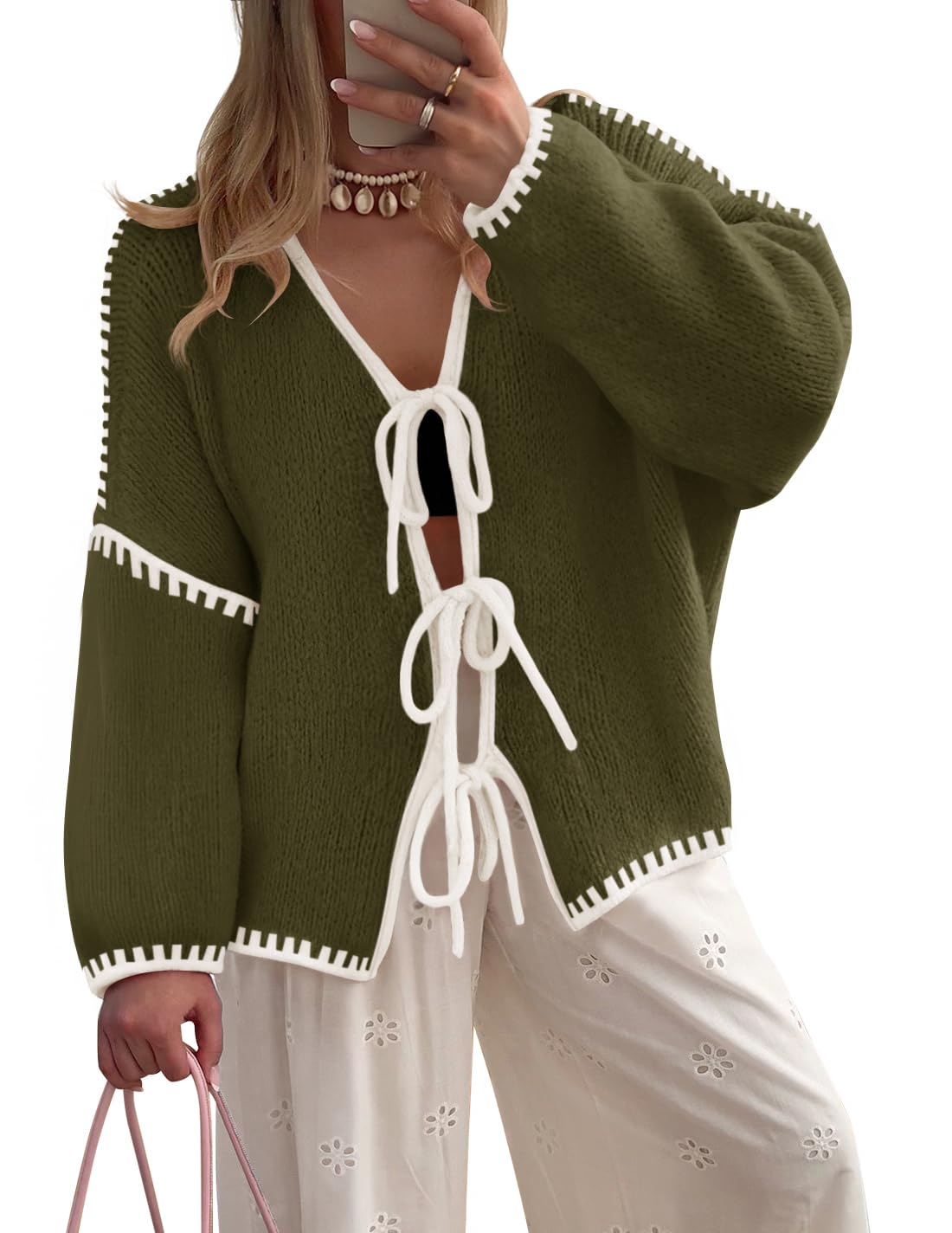 Womens Long Sleeve Cardigans Tie Front Bow Sweaters-image-36