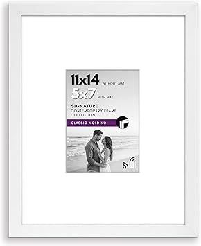 Americanflat 11x14 Picture Frame with Shatter-Resistant Glass - Use as 5x7 Frame with Mat or Display 11x14 Photo Without Mat - Signature Collection - Picture Frames for Wall Display - White