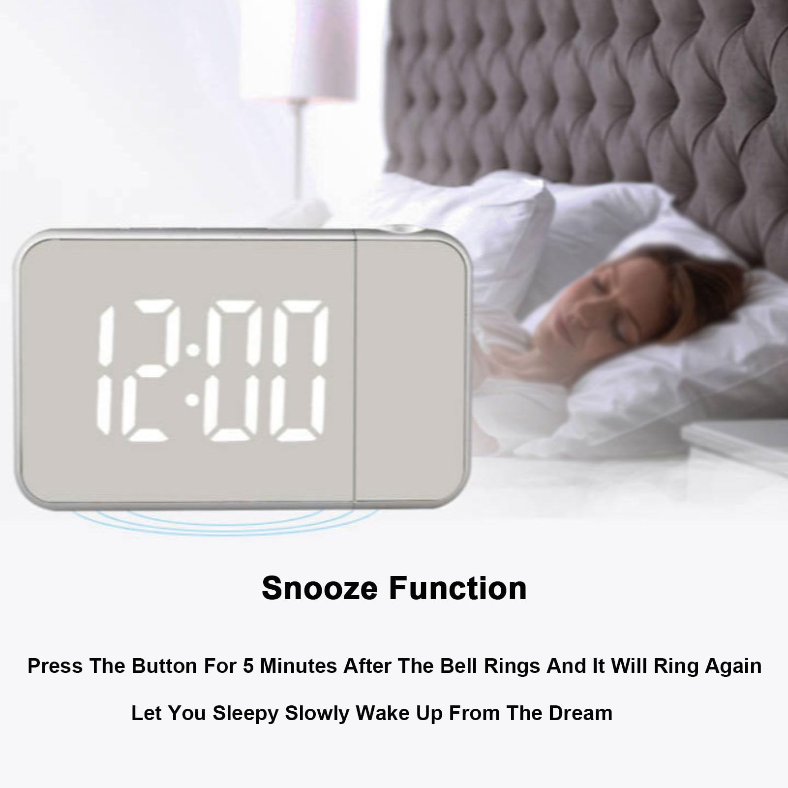 Reloj despertador digital de proyección con pantalla LED, temperatura, repetición, fecha, hora, brillo ajustable de 180°, reloj dual para dormitorio
