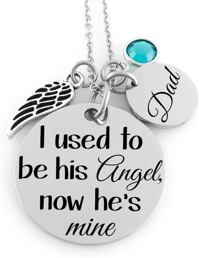 Dad Memorial Jewelry Necklace - I used to be his angel, now he's mine - Birthstone Crystal - Angel Wing