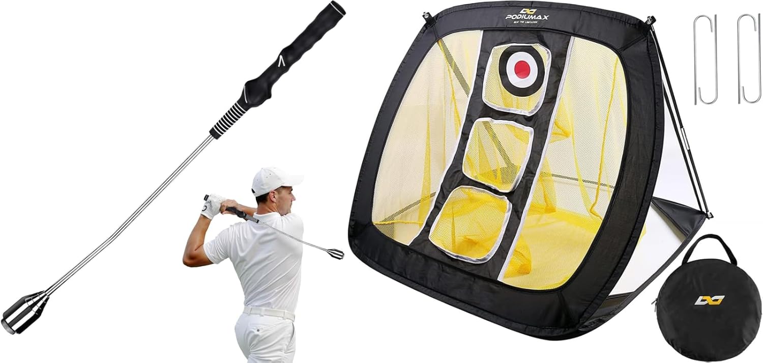 PodiuMax Golf Swing Trainer for Tempo & Path, PodiuMax Chipping Net, Pop Up Nets for Backyard Driving Real Golf Balls