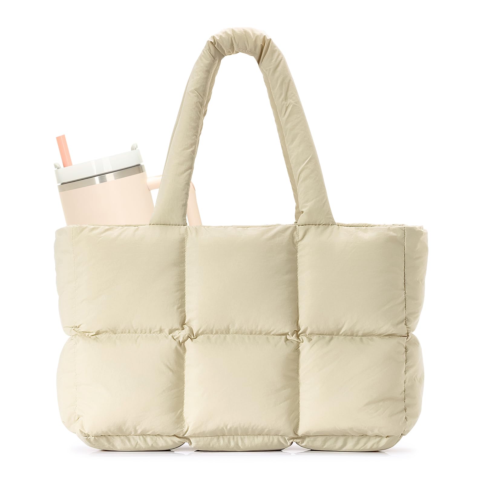 Herald Puffer Tote Bag for Women, Large Quilted Puffy Handbag Lightweight Satchel Purse with Cup Holder & Compartment: Khaki