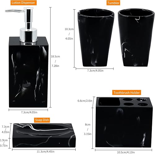 Miniatura 2 de Juego de accesorios de baño, 5 piezas de mármol con aspecto de mármol, juego de accesorios de baño de resina con dispensador de jabón, soporte para