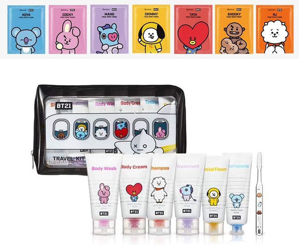 BTS OFFICIAL MERCHANDISE COSMETICS TRAVEL KIT (POUCH INCLUDED) + MEDIHEAL MASK PACK+EXTRA BTS PHOTOCARDS (JIN RJ)