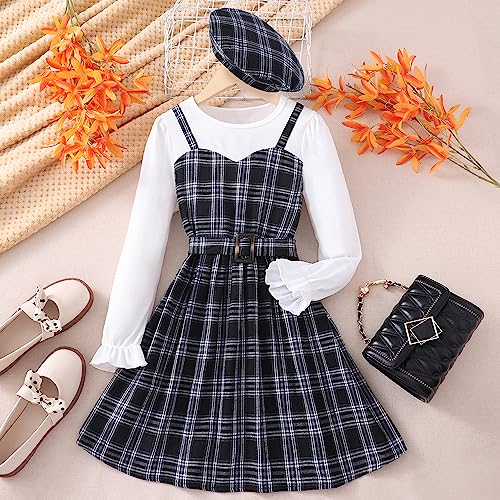 Image of Toddler Little Girl's Long Ruffle Sleeve Solid Top and Plaid Belted A-line Skirt Set with Hat