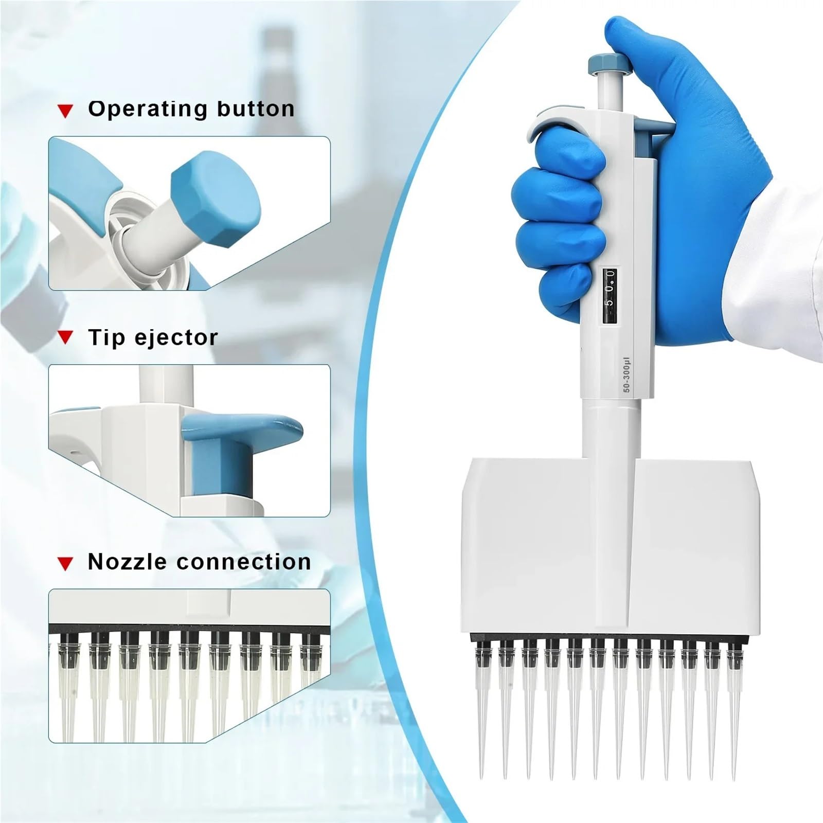 Pipeta Digital de 0,5 ul a 300 ul con Ajuste Manual y Capacidad Variable(0.5-10ml)