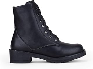 Botines de caña media con cordones y suela plana efecto madera. Cierre con cremallera interior.