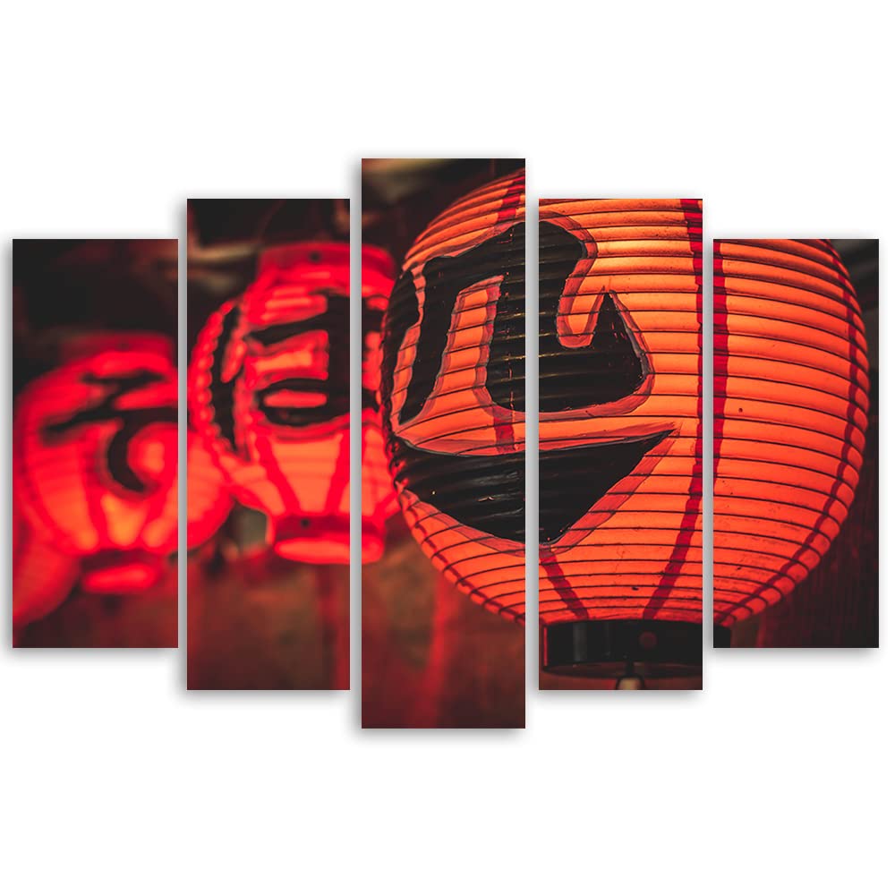 Feeby 5 parti Stampa Tela Non Tessuta 150x100 cm Giappone Kanji Lanterna di carta Decorazione murale Immagini Moderni Soggiorno Cultura giapponese Asia Festival rosso