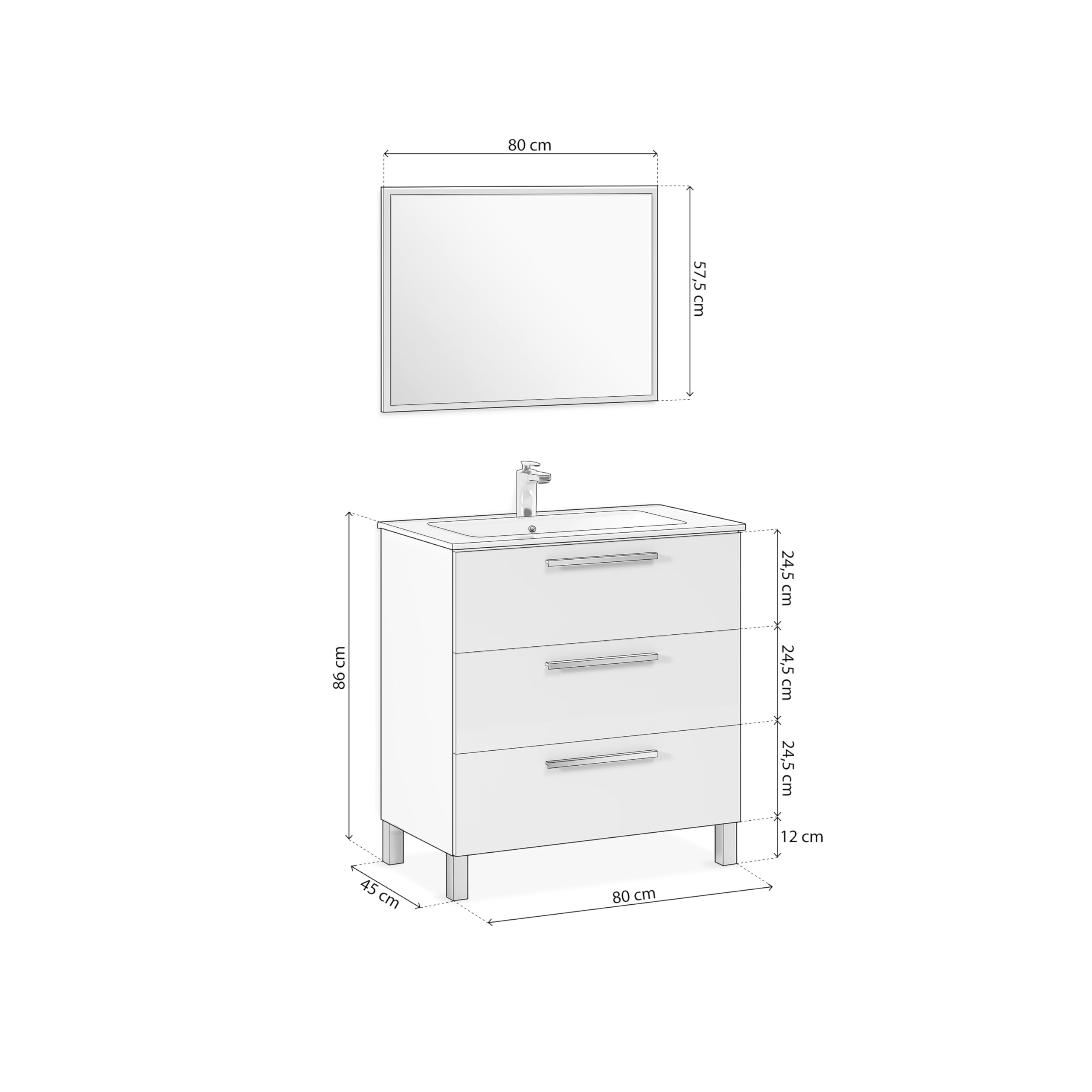 duehome | Mueble de Baño con 3 Cajones y Espejo, Modulo Lavabo, Modelo Feel, Acabado en Blanco Brillo, Medidas: 80 cm (Ancho) x 86 cm (Alto) x 45 cm (Fondo)