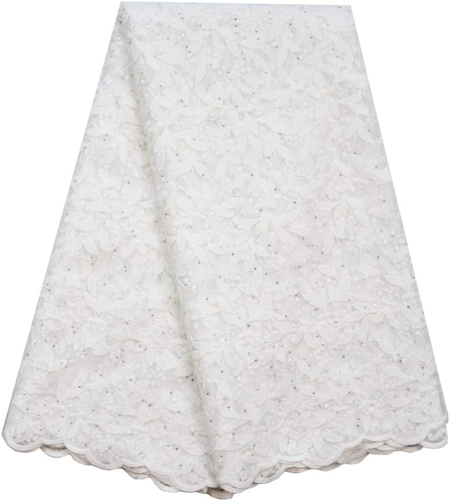 SanVera17 Glitter Stone African Lace Net Milk Silk Fabrics Nigerian Fabric Embroidered and Guipure Cord Lace for Party Wedding (White) 5 Yards
