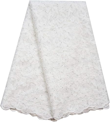 SanVera17 Red de encaje africano con purpurina Telas de seda de leche Tela nigeriana bordada y cordón de guipur para fiesta boda (blanco) 5 yardas