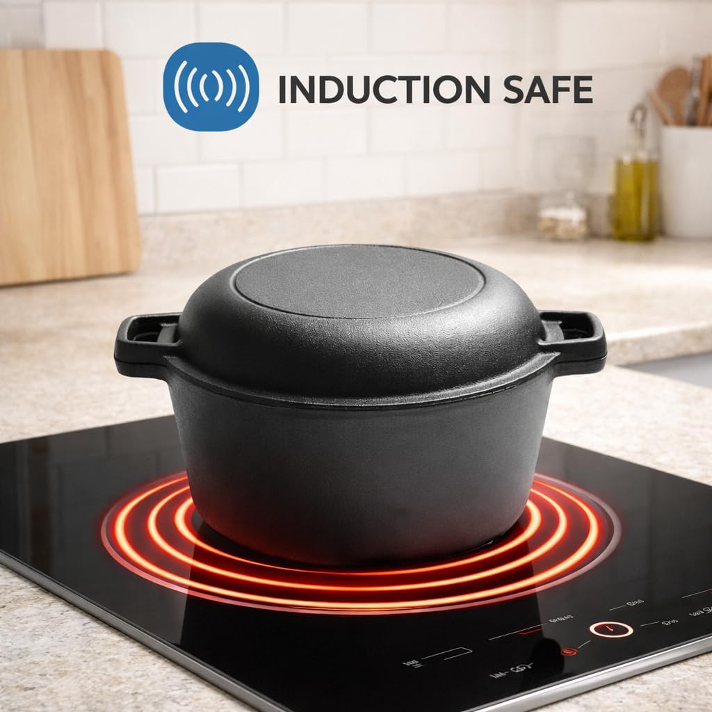 ME JO 6qt Cast Iron Dutch Oven with Multi-Functional Cast Iron Skillet Lid – Heavy-Duty Casserole Dish with Lid for Bread Making, Roasting to Frying | 4.8L Capacity | Pre-Seasoned, Hob and Oven Safe