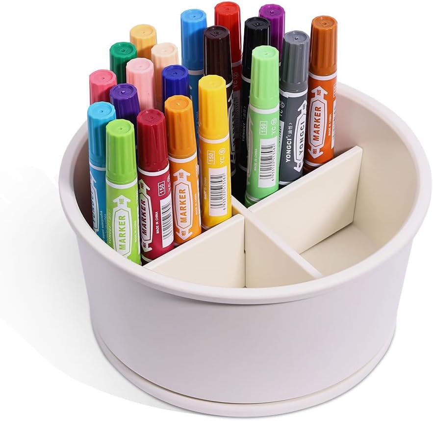 LYNG 360° Rotating Pen Holder for Desk, Small Desk Organizer With Adjustable Dividers, Non-Slip Base Pencil Holder for Office, Home, School Supplies Beige
