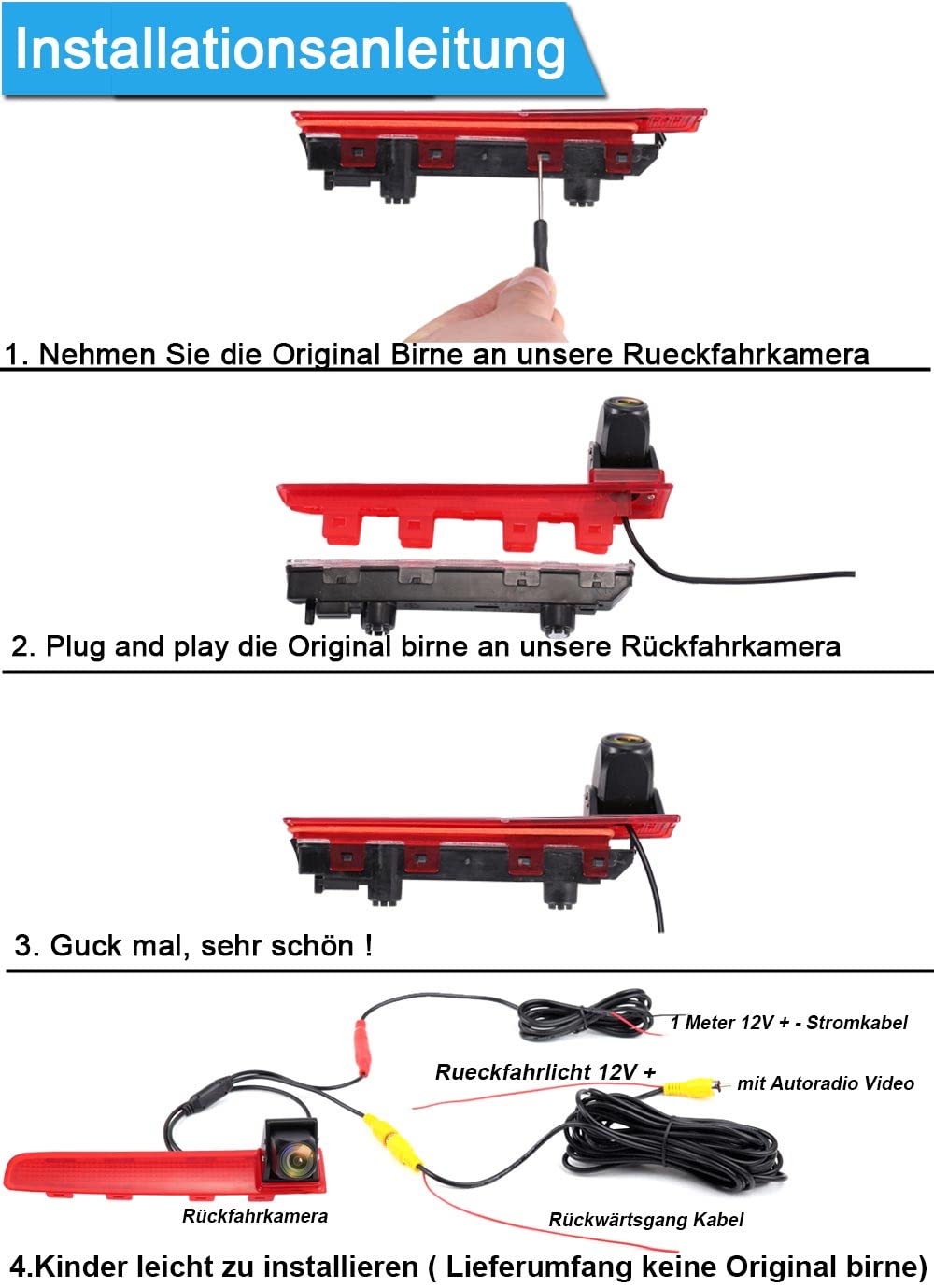 HD 1280 x 720 pikseli, 1000 linii TV, światło hamowania, kamera cofania z wyświetlaczem LCD o przekątnej 4,3", zamiennik lusterka wstecznego do VW T5 Multivan T6 Caravelle tylnej klapy transportera