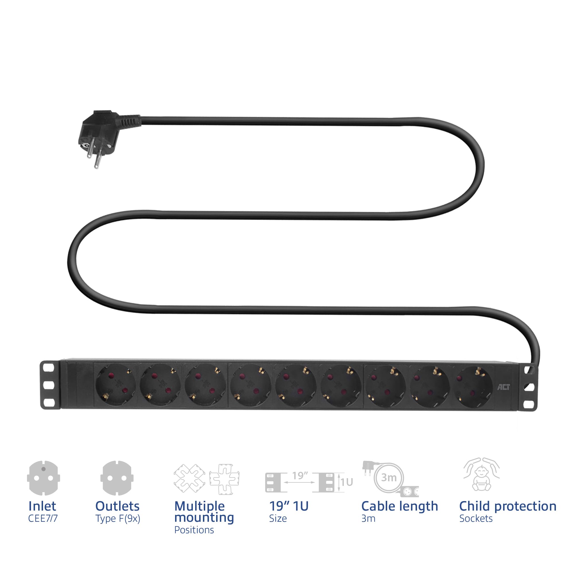 ACT PD3002 - Ciabatta elettrica da 19 pollici, 9 prese, 16 A/4000 W, per rack da 19 pollici, PDU a parete, cavo da 3 m