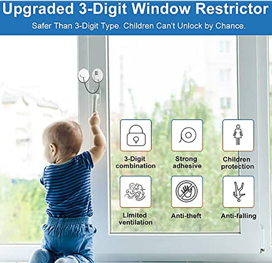 Luminexia Restrictor Ventana de Seguridad,Cerraduras de Ventana,Limitador Ventana Window Safety Lock,Cable de Bloqueo de Seguridad para Niño,Cerradura para Puerta de Frigorífico con Codigos