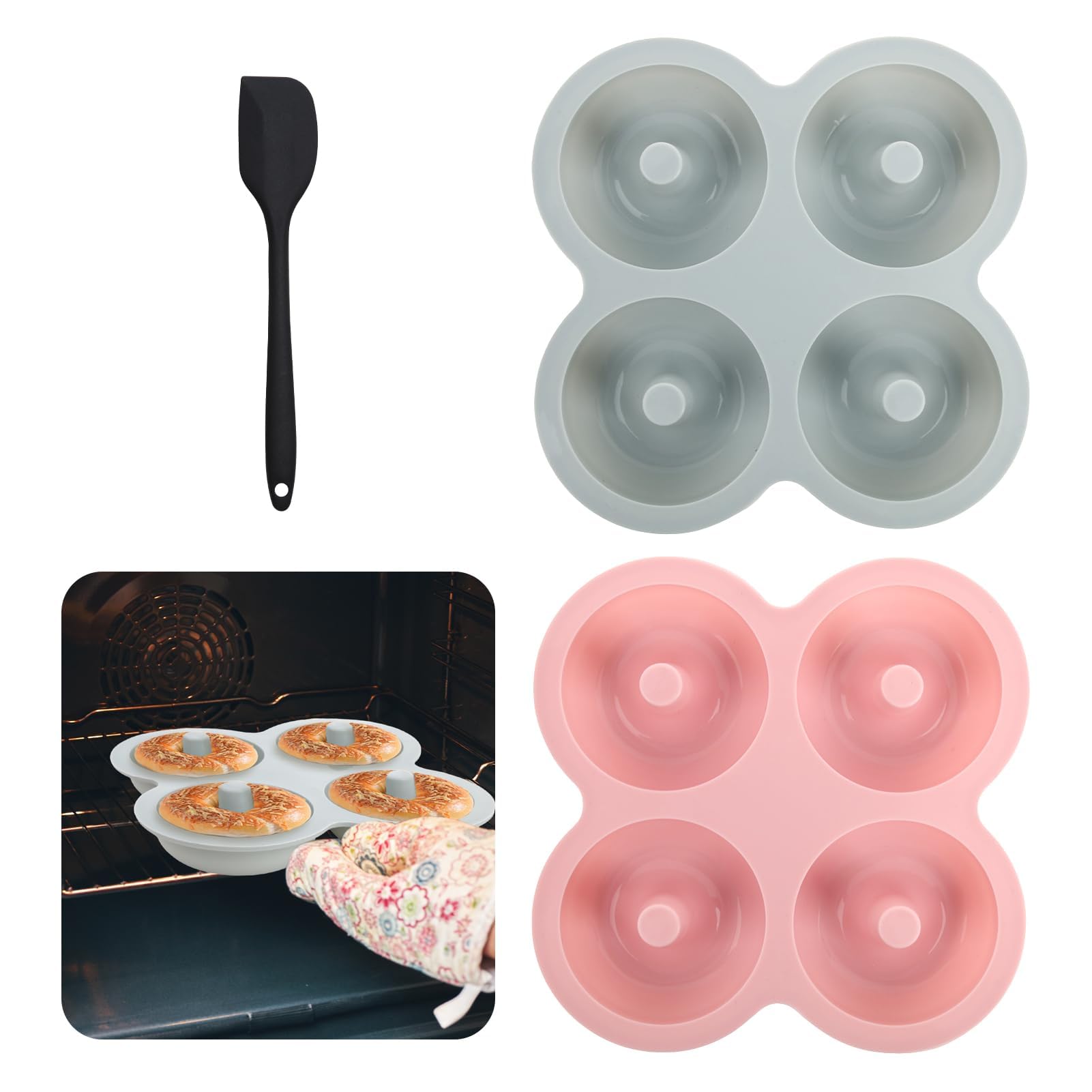PosyLane2 Pieces Silicone Donut Molds 1 Silicone Spatula, Non-Stick Baking Donut Mould 4 Cavities, Silicone Baking Molds for Baking Donuts/Cakes/Cookies/Bagels/Muffins