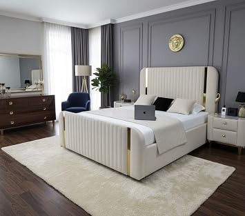 Ottoman Storage Bed Frame with Gas Lift, Gold Stripe Scarlet Design, Upholstered Panel Headboard and Footboard, Solid Divan Base Black Plush, Double