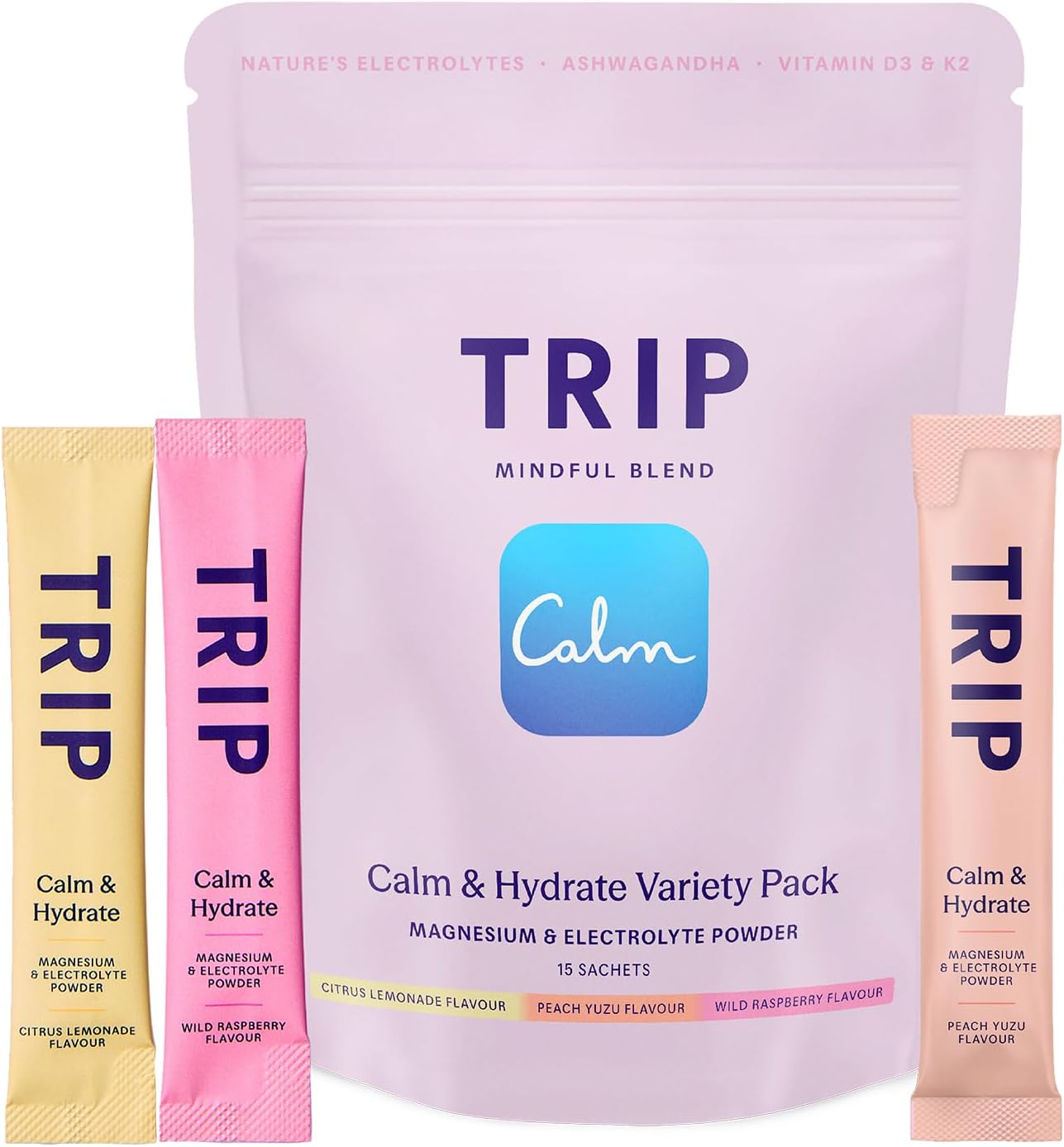 Trip Calm & Hydrate Electrolyte + Magnesium Powder Variety Pack | Hydration Drink Mix with Coconut Water Electrolytes, Ashwagandha & Vitamins D3 + K2 | Low Sugar + Vegan | 15 Sachets