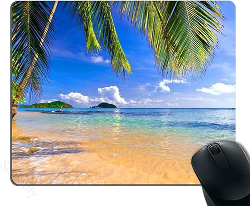 Miniatura 1 de Alfombrilla de mouse para videojuegos, palmeras de orilla, playa tropical, diseño oblongo, goma ecológica natural, duradero, accesorios de