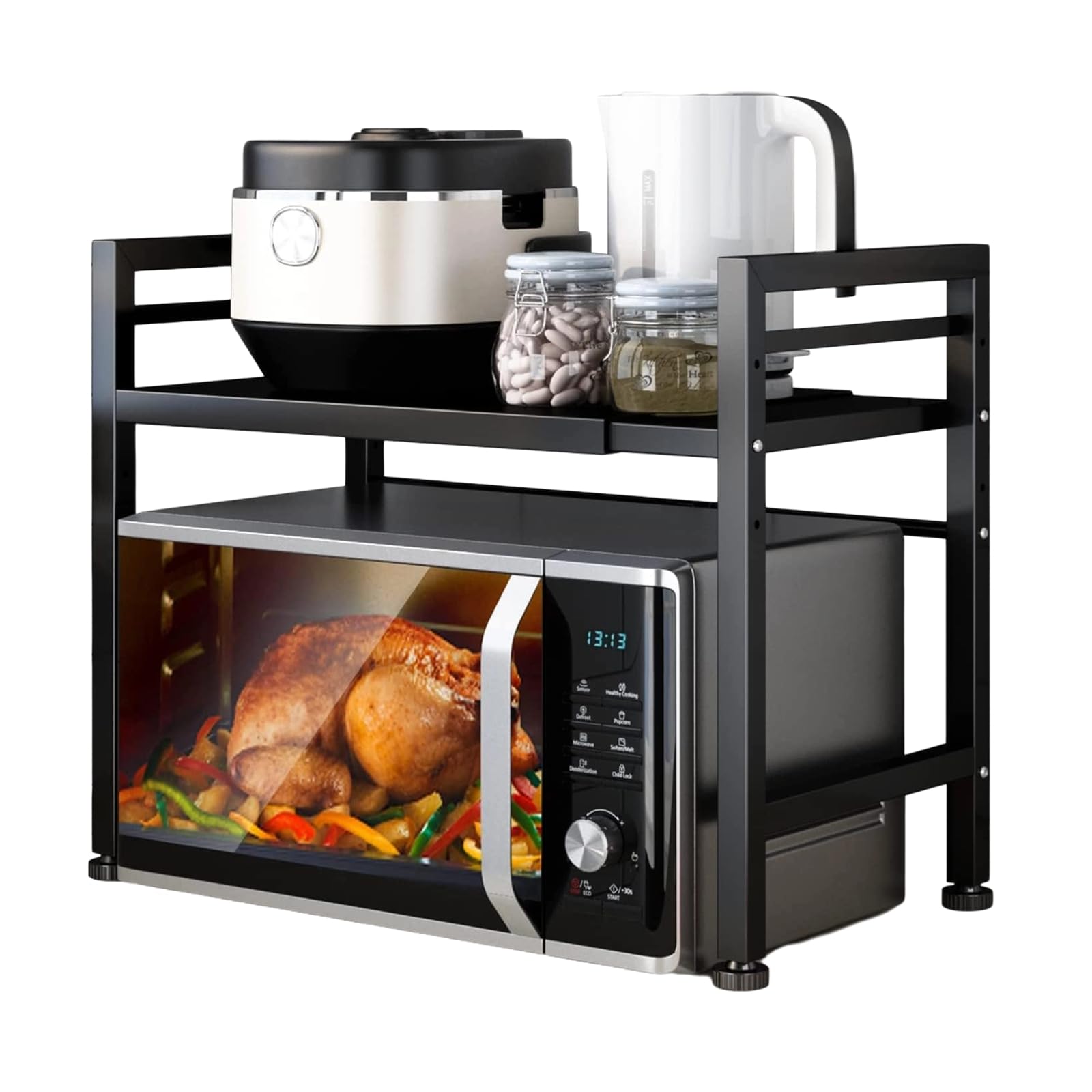 Estante expandible para horno microondas de 2 niveles, altura y longitud ajustable, organizador de almacenamiento de cocina, soporte de estante de mostrador, negro (L15. 7-23. 6 x 14 pulgadas. 7 x 18